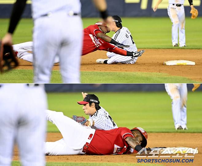 박해민의 재빠른 2루 송구, 오버런했던 에레디아가 몸을 날려 귀루하고