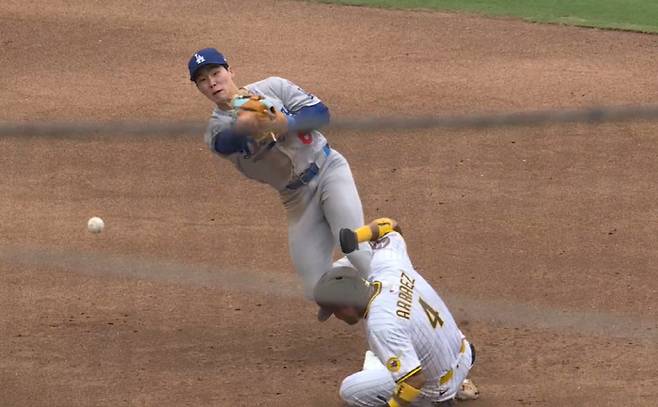 2루수 김혜성이 6회말 수비 때 더블플레이를 하려다 1루에 악송구하고 있다. 사진=MLB.TV 캡처