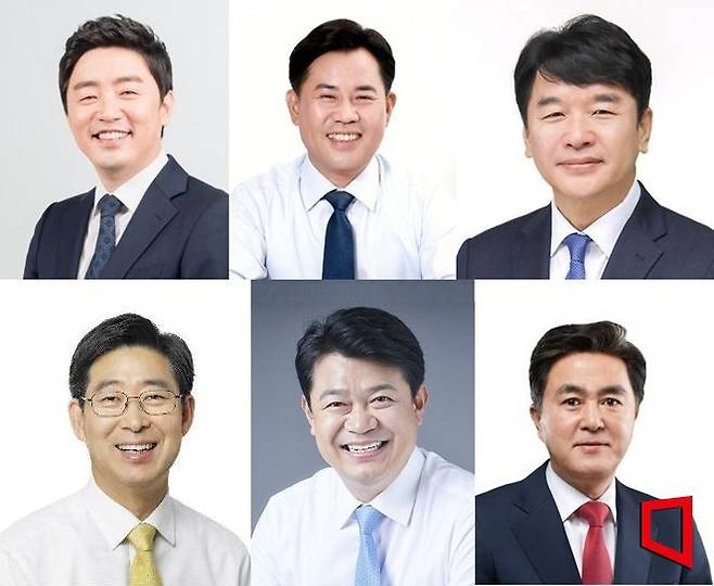 상단 왼쪽부터 더불어민주당 강훈식 대통령 비서실장, 박정현 부여군수,  문진석 의원. 하단 왼쪽부터 양승조 전 충남지사, 복기왕 의원, 국민의힘 김태흠 충남지사./표윤지 기자