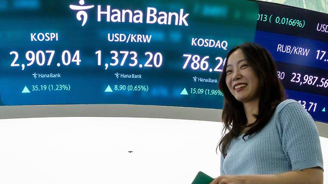11일 서울 중구 하나은행 딜링룸 현황 판에 코스피 종가가 표시돼 있다. 코스피는 전날보다 1.23% 오른 2907.04에 장을 마쳤다. 종가 기준으로 2022년 1월 14일(2921.92) 이후 약 3년 5개월 만에 가장 높은 수준이다. /김지호 기자