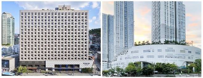 오피스로 용도 변경을 추진하다가 다시 호텔이 된 서울 중구 '보코 서울 명동'(왼쪽)과 오피스 변경을 추진 중인 성동구 쇼핑몰 '파크에비뉴 엔터식스 한양대점'. 연합뉴스 알스퀘어 제공