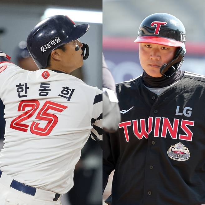상무 한동희(왼쪽)와 이재원이 각각 롯데와 LG에서 활약하던 당시 모습. IS 포토