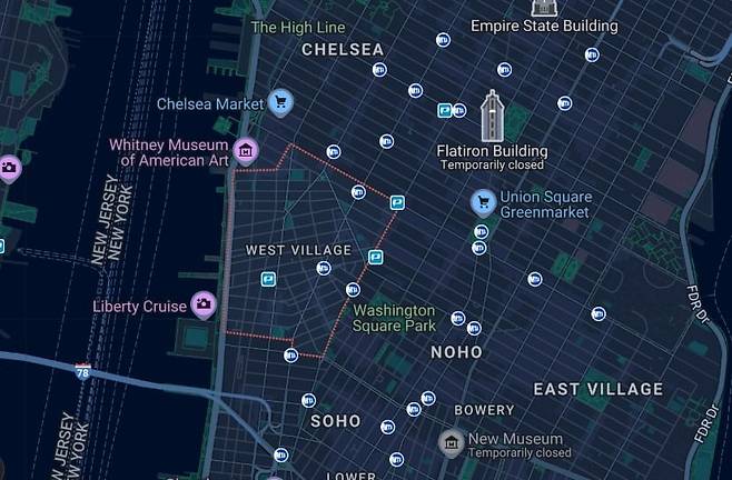 뉴욕시 다운타운에 위치한 웨스트빌리지. 이미지=구글 맵