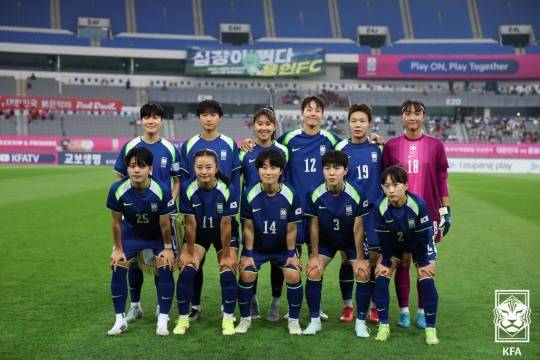 경기 앞둔 한국 축구 여자 국가대표팀. 사진[연합뉴스]