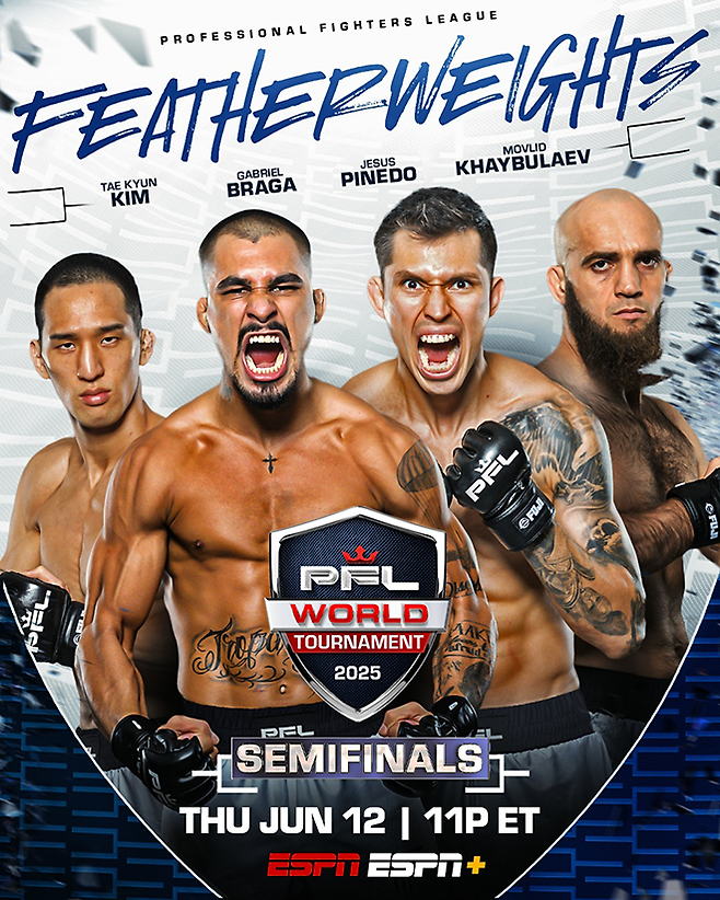 Brave CF 챔피언 결정전 출신 김태균(왼쪽), 2021시즌 우승자 모블리트 하이불라예프(오른쪽) 등 2025 PFL 월드 토너먼트 페더급 준결승 4인방. 사진=MMAX Investment Partners, Inc.
