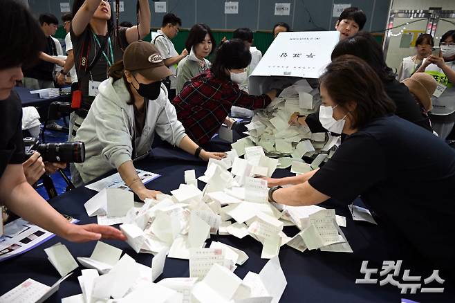 제21대 대통령 선거 투표가 종료된 3일 서울 영등포구 영등포다목적배드민턴체육관에 마련된 개표소에서 선거사무원들이 개표작업을 하고 있다. 윤창원 기자