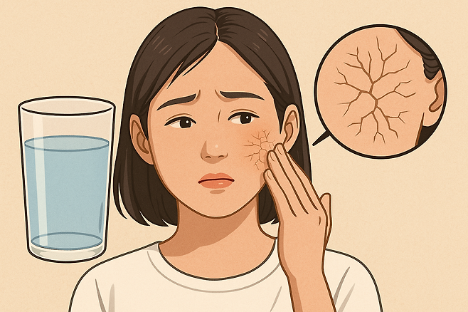 건조해서 갈라지는 볼과 물 한잔 이미지