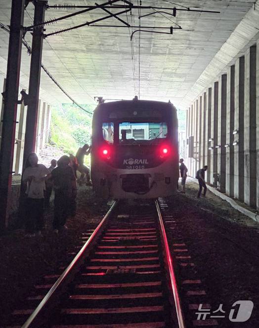 13일 오전 경의중앙선 신촌역 인근에서 사다리차 전도사고가 발생해 가좌역~신촌역 구간이 양방향 통제된 가운데 서울역행 경의중앙선 열차에 탑승한 승객들이 열차에서 내려 선로를 따라 대피하고 있다. (독자 제공, 재판매 및 DB금지)