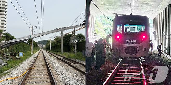 13일 오전 서울 서대문구 경의중앙선 가좌역∼신촌역 구간 선로 위로 사다리차가 넘어져 있다(왼쪽). 이사고로 가좌역에서 신촌역으로 향하던 열차가 멈춰 승객들이 대피하고 있다(오른쪽). 이 사고로 전기 공급 장애가 발생해 열차 운행이 지연됐으며 현재는 복구가 완료됐다. (독자 제공. 재판매 및 DB금지) 2025.6.13/뉴스1