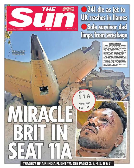 인도에서 발생한 '에어인디아 참사' 관련 보도 이미지. 사진=영국 더 선 캡처
