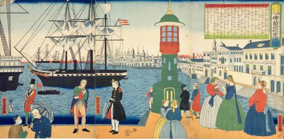 우타가와 요시토라(歌川芳虎)가 그린 ‘만국명소총람 프랑스 파리시’. 유럽에서 들어온 동판화를 토대로 상상 해 그린 파리의 풍경이다. 파리를 항구도시로 그렸다. [사진 윤상인]