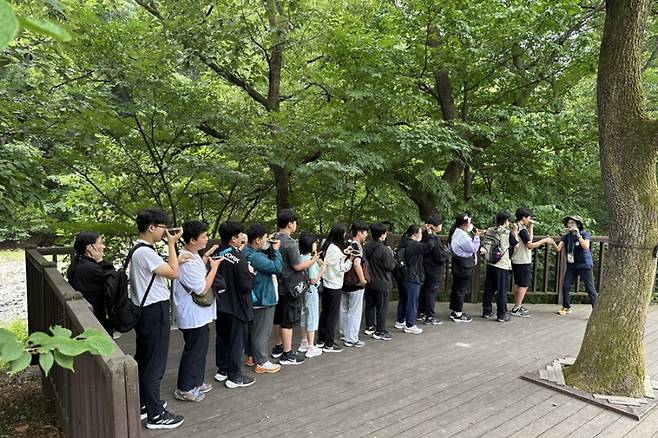 13일 국립칠곡숲체원에서 열린 푸른숲 지킴이 캠프에 참여하는 청소년들. 한국산림복지진흥원 제공