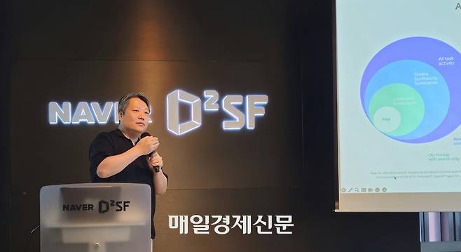 김상범 네이버 검색플랫폼 리더가 12일 오전 서울 서초구 D2SF 강남에서 기자간담회를 열고 인공지능(AI) 에이전트 사업에 대해 소개하고 있다. [이가람 기자]