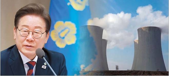 이재명 대통령이 지난 5일 서울 용산 대통령실 청사에서 열린 국무회의에서 발언하고 있다. 이 대통령은 태양광·풍력 등 친환경 에너지와 원자력을 혼합해 전력으로 활용하는 ‘에너지 믹스’를 통해 실용주의 정책의 현실화에 무게를 두고 있다. 체코 두코바니 원자력 발전소의 냉각탑의 모습이 보인다. [연합·로이터]