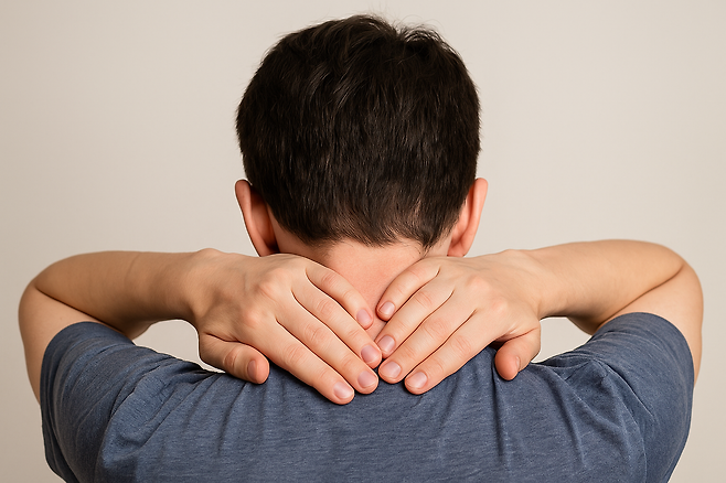 양손을 뒷목에 갖다 놓은  남성의 뒷모습