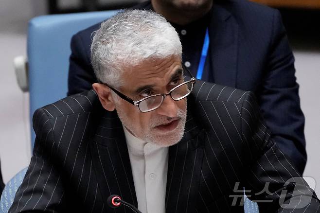 13일(현지시간) 아미르 사에이드 이라바니 주유엔 이란 대사가 미국 뉴욕 유엔 본부에서 열린 유엔 안전보장이사회 회의에 참석했다. 25.06.13 ⓒ 로이터=뉴스1 ⓒ News1 김예슬 기자