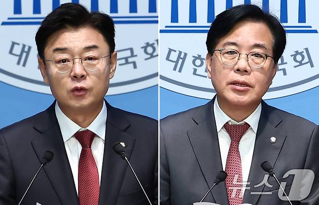국민의힘 김성원(왼쪽), 송언석 의원이 12일 오전 서울 여의도 국회 소통관에서 각각 원내대표 출마 기자회견을 하고 있다. 2025.6.12/뉴스1 ⓒ News1 김민지 기자
