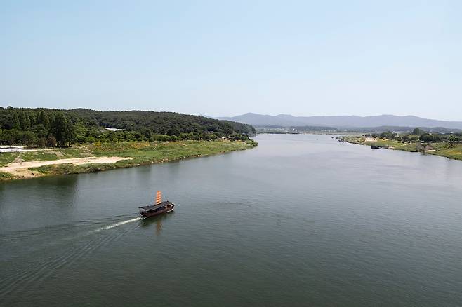 유유히 흐르는 경기도 여주 남한강 위로 황포돛배 유람선이 떠간다. 평균 높이 25m 지점에 있는 '여주남한강출렁다리'에서 본 풍경에 마음이 한없이 잔잔해진다. / 이경호 영상미디어 기자