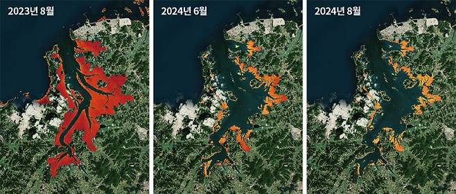2023~2024년 충남 가로림만 갯벌의 온도 변화를 인공위성으로 촬영했다. 붉은색에 가까울수록 갯벌 표층 온도가 높다는 뜻이다. 표층 온도의 변화는 갯벌 생물의 생태를 파악하는 중요한 자료가 된다. KIOST 제공