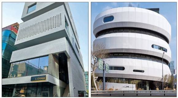 압구정2지구 재건축사업 수주전에 나란히 뛰어든 삼성물산과 현대건설은 인근에 나란히 홍보관을 차려놓고 조합원들을 향한 구애에 나섰다. 삼성물산 '압구정 에스 라운지(왼쪽), 현대건설 '디에이치 갤러리' [사진=각 사]