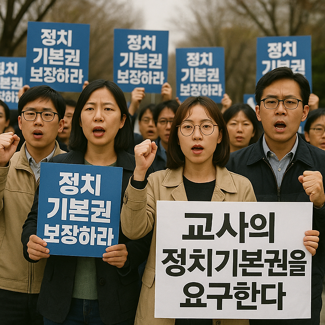 이재명 대통령이 공약한 ‘교사 정치기본권’을 두고 교육계 내에서 갑론을박이 오가고 있다. 사진은 정치기본권을 요구하는 가상의 교사들의 모습. [챗gpt를 통해 제작]