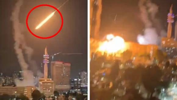 13일(현지시간) 이스라엘 텔아비브에서 이란 탄도미사일이 한 건물을 직접 타격하고 있다. 출처=텔레그램