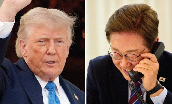 소문난 ‘골프광’인 도널드 트럼프 미국 대통령(왼쪽).이재명 대통령이 6월 6일 트럼프 대통령과 전화 통화를 하고 있다.  뉴시스·대통령실 제공