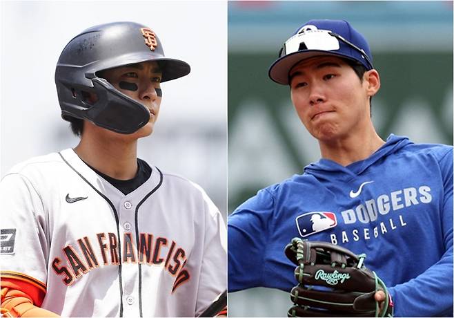 왼쪽부터 샌프란시스코 자이언츠 이정후, LA 다저스 김혜성. 샌프란시스코와 다저스는 14일 오전 11시10분부터 맞대결을 펼친다. 이정후는 선발 출전하지만 김혜성은 벤치에서 대기한다. REUTERS 연합뉴스