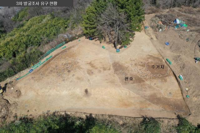 가야 시대 전기 고지성 환호 취락 특성을 보여주고 있는 다방동 패총전경. 양산시 제공