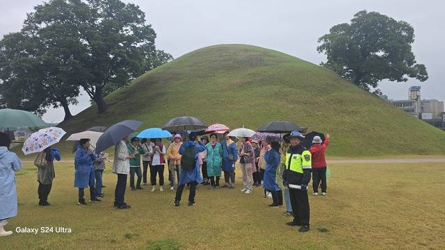 삼국유사기행단이 봉황대 앞에서 노동노서리고분군에 대한 관광 포인트를 토의하고 있다. 장근희 모범택시 제공