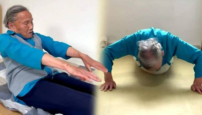 중국의 한 92세 할머니가 팔굽혀펴기 200개와 윗몸일으키기 100개를 거뜬히 해내는 모습을 공개해 화제를 모으고 있다. [사진=SNS]