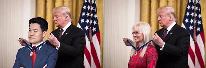 전한길씨가 트럼프 미국 대통령에게 훈장을 받았다며 SNS에 올라온 사진은 2018년 자선가이자 공화당의 거액 기부자인 미리엄 아델슨이 백악관에서 훈장을 받는 뉴욕타임스 사진을 합성한 것이라고 AFP가 전했다. /사진=페이스북, 뉴욕타임스