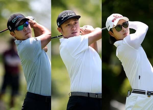 한국프로골프(KPGA) 투어와 일본프로골프투어(JGTO)가 공동 주관하는 2025년 하나은행 인비테이셔널 우승 경쟁에 뛰어든 최진호, 저스틴 데 로스 산토스(필리핀), 이형준 프로가 3라운드에서 경기하는 모습이다. 사진제공 =KPGA
