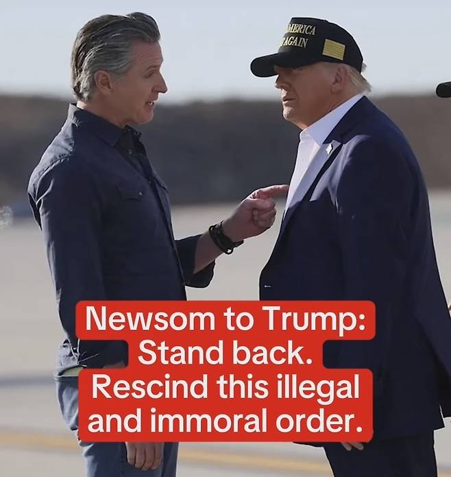 도널드 트럼프 대통령이 미국 로스앤젤레스(LA)에 주방위군을 투입한 것과 관련해 개빈 뉴섬 주지사는 자신의 SNS에 “Rescind this illegal and immoral order”라는 포스팅을 게시했다. 사진=개빈 뉴섬 인스타그램