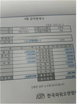고 김충현 씨 마지막 급여명세서 [대책위 제공. 재판매 및 DB 금지]