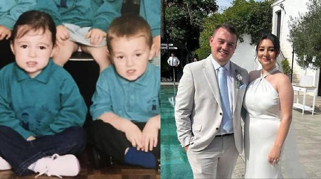 한 부부가 결혼 7년 뒤 20년 전 유치원 사진에서 함께 나란히 앉아있는 모습의 사진을 발견해 화제다. (사진=데일리메일)