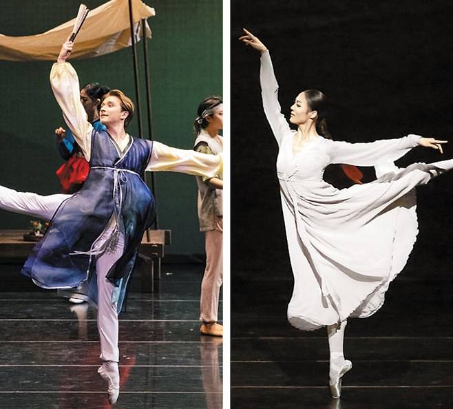 만남과 헤어짐이 엇갈렸다. 14일 유니버설 발레단의 ‘발레 춘향’ 공연에서 4대(代) ‘푸른 눈의 이몽룡’으로 첫 무대를 가진 이고르 콘타레프(왼쪽)와 주역 ‘춘향’으로 고별 무대를 가진 한상이. /유니버설 발레단