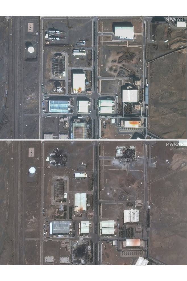 이란 테헤란에서 남동쪽으로 135마일 떨어진 나탄즈 핵 농축 시설의 2025년 1월 24일 사진(위)과 지난 13일 이스라엘 공습으로 파괴된 나탄즈 핵 농축 시설 사진(아래). (Maxar Technologies). AP 연합뉴스
