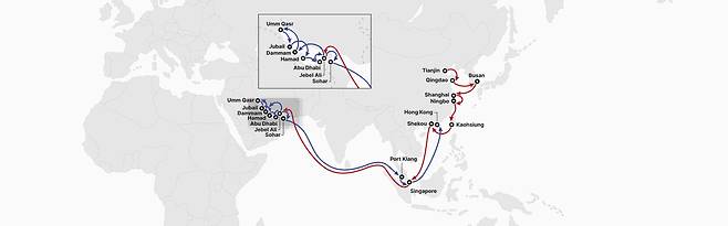 HMM이 운영하는 중동향 컨테이너 서비스 노선인 KME. 한국 부산항을 떠나 호르무즈해협(확대 사진 부분)을 거쳐 두바이 제벨 알리로 향하는 노선이다. /HMM 제공