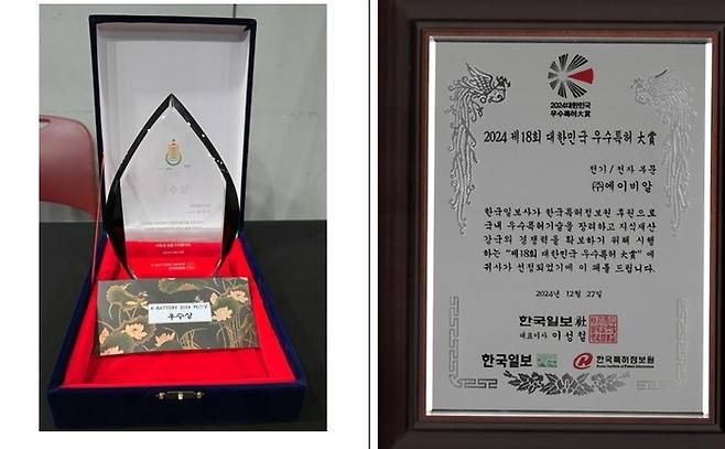 에이비알은 '대한민국 우수특허 대상'과 'K-Battery Show 브랜드 혁신 우수상'을 받았다(오른쪽부터).