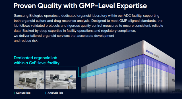 삼성바이오로직스의 오가노이드 서비스 온라인 브로슈어에 관련 시설이 엄격한 품질 기준을 만족했다고 설명돼 있다. 삼성바이오로직스 제공