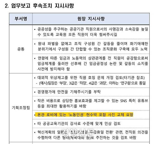 2024년 한국고용노동교육원 원장 업무보고 결과 및 후속조치 사항. 교육원 관계자 제공