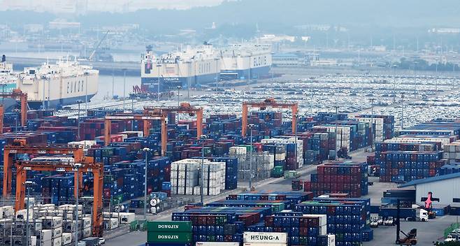 13일 경기 평택시 포승읍 평택항에 수출용 컨테이너와 차량들이 세워져 있다. [사진 = 뉴스1]