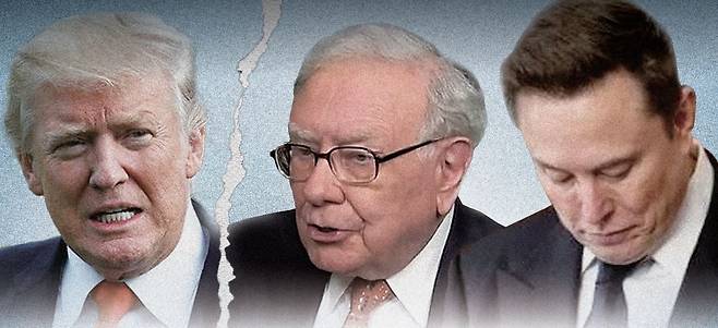 전설적인 투자자 워런 버핏(가운데)은 최근 도널드 트럼프 대통령의 관세와 관세를 부과한 소란스러운 방식에 대해 비판했다. 일론 머스크(맨 오른쪽)는 트럼프 대통령과의 브로맨스 관계가 파열로 치달으면서 수십억 달러의 시장 가치와 정부 계약이 위태로워지고 있다. [로이터·AFP·게티이미지]