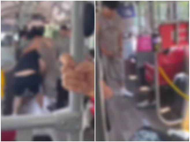 (좌) 몸싸움을 벌이는 남성, (우) 20대 남성의 발길질에 쓰러진 80대 노인 [온라인 커뮤니티 캡처]