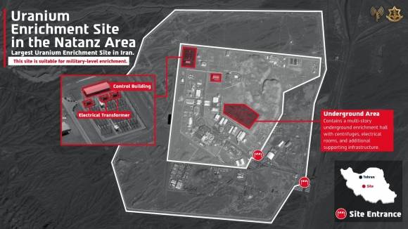 13일(현지시간) 이스라엘방위군(IDF)이 이란의 나탄즈 핵시설을 파괴했다며 공개한 자료. 2025.6.13 IDF