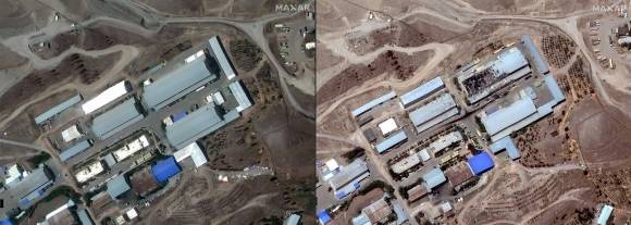 15일(현지시간) 미국 민간위성업체 맥사 테크놀로지가 제공한 위성 사진. 5월 1일(왼쪽)과 이스라엘 공습 후인 6월 13일 새벽 이슬람혁명수비대(IRGC) 가디르 기지 모습. 2025.6.15 AFP 연합뉴스(맥사 테크놀로지 자료)