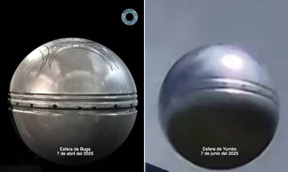 왼쪽은 지난 3월 콜롬비아 과달라하라 데 부가에서 발견된 금속 구체, 오른쪽은 지난 7일 콜롬비아 윰보에서 촬영된 구체 영상 캡처