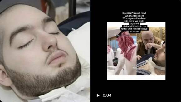 2005년 교통사고로 혼수상태에 빠진 뒤 의식을 회복하지 못하고 있는 사우디아라비아의 알왈리드 빈칼리드 빈탈랄 알사우드 왕자(왼쪽). 오른쪽은 그가 20년 만에 깨어났다는 설명이 달린 영상의 썸네일이지만, 실상은 전혀 다른 인물의 영상이다. 엑스(X) 캡처
