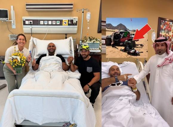 사우디아라비아의 사업가이자 모터스포츠 랠리 선수인 야지드 모하메드 알라지가 경기 중 사고를 당해 입원하는 동안 문병을 받는 모습. 야지드 레이싱 인스타그램 캡처